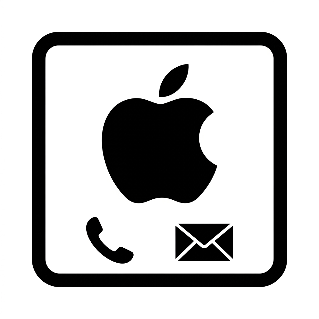 Piktogram przedstawiający biały kafelek z czarnym nadgryzionym jabłkiem Apple, słuchawką telefonu oraz zamkniętą kopertą wiadomości